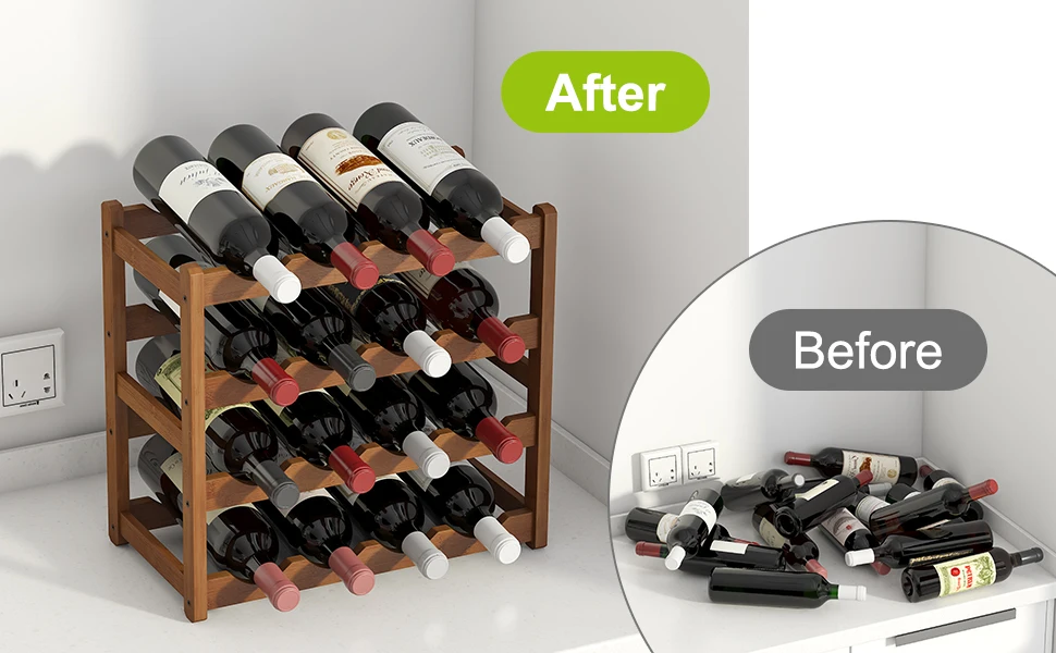 Before and after comparison of wine storage, showing disorganized bottles transformed into organized wooden rack holding multiple wine bottles