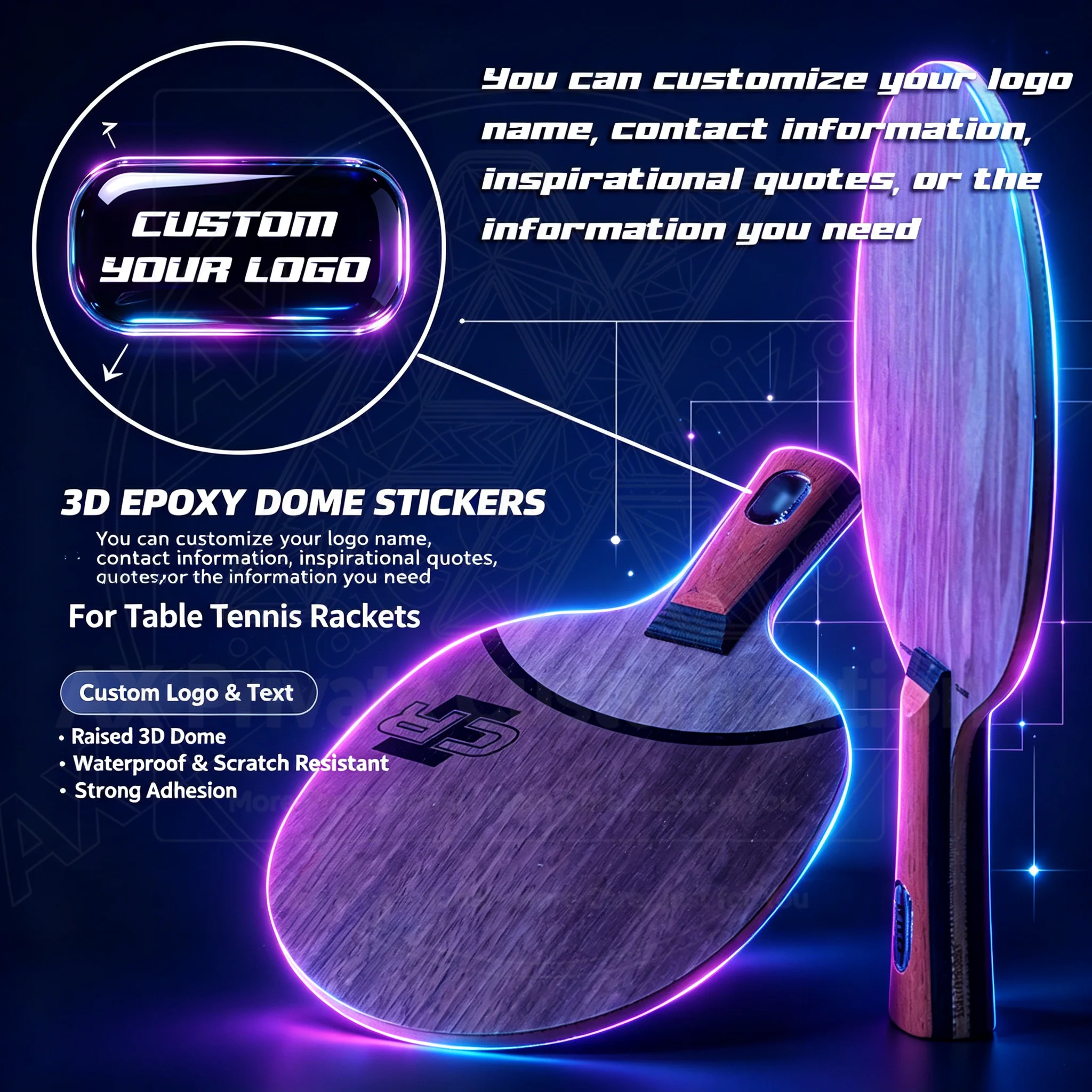 Personalized 3D Epoxy Resin Dome Sticker Custom Logo for Badminton Table Tennis Rackets Decal, Sports Equipment, Factory Direct