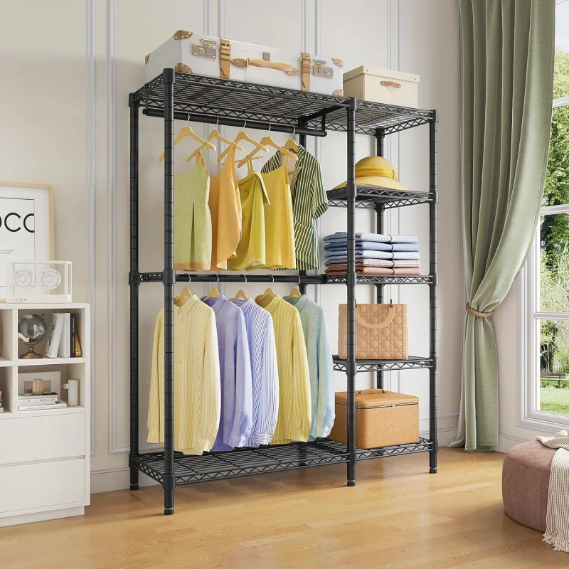 V7 Basic Garment Rack Hanging Clothes Heavy Duty Clothes Rack with Shelves, Portable Closet Rack Metal Clothing Rack 5 Tiers