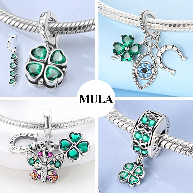 MULA Original 925 Sterling Silver Charms Bead Lucky Four-leaf Clover Blue Eyes Horseshoe Pendant Fit Bracelet Women Jewelry Gift