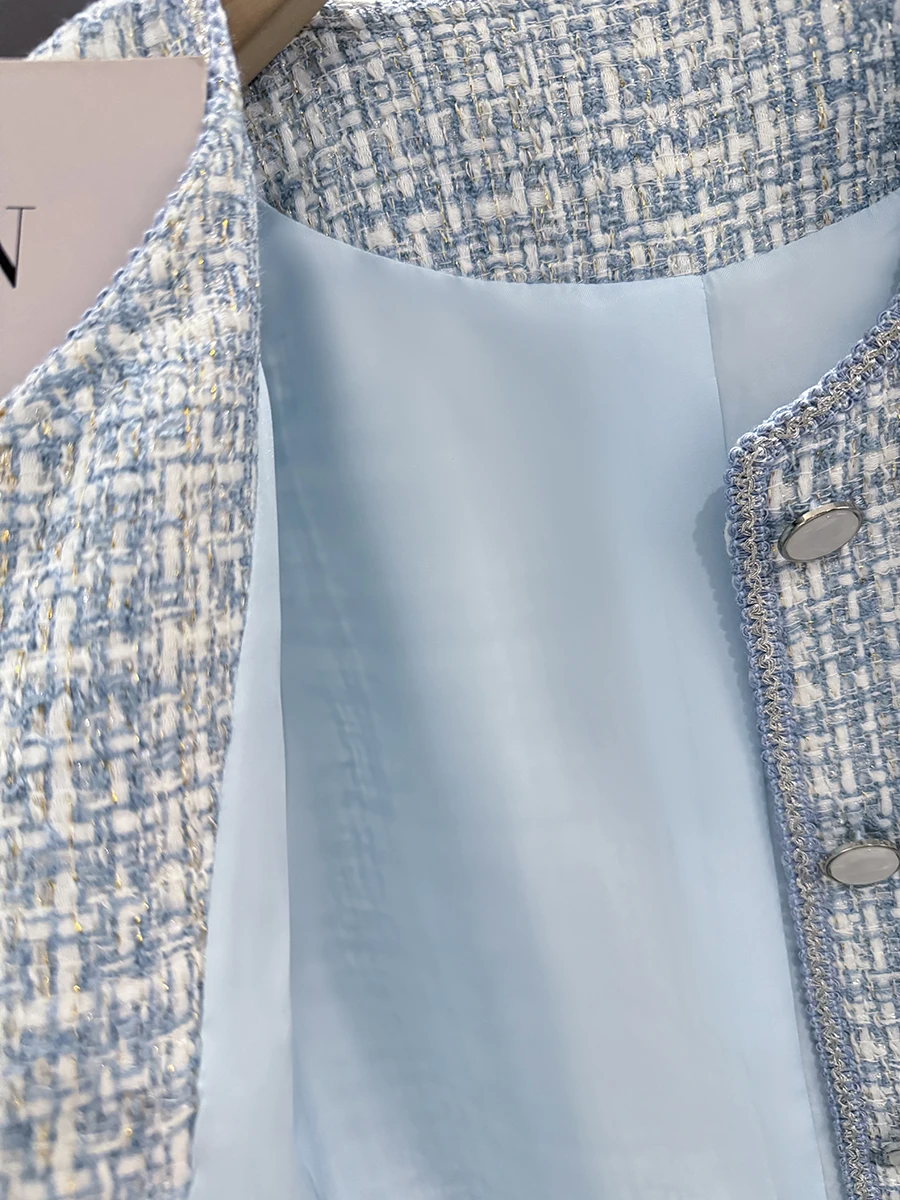 Women's Jacket Spring Autumn New Blue Tweed Small Fragrance Coat Short Korean Fashion Advanced Sense Temperament Tops Cardigan