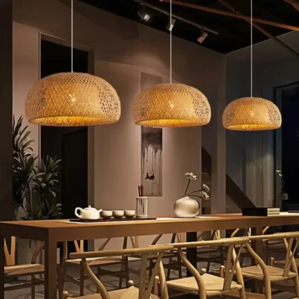 30CM Bamboo Chandelier Natural Suspension Lantern E27 Pendant Light Fixture Easy Installation Ceiling Lamp for Dining Room Table