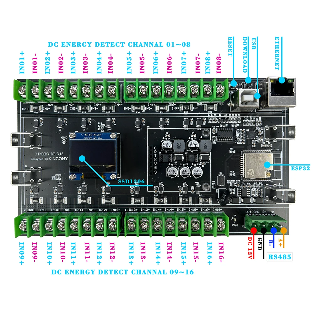 Kincony MB ESP32 Battery Monitor For Home Assistant By ESPHome Arduino Tasmota 16CH DC Voltage/Current Energy Meter RS485