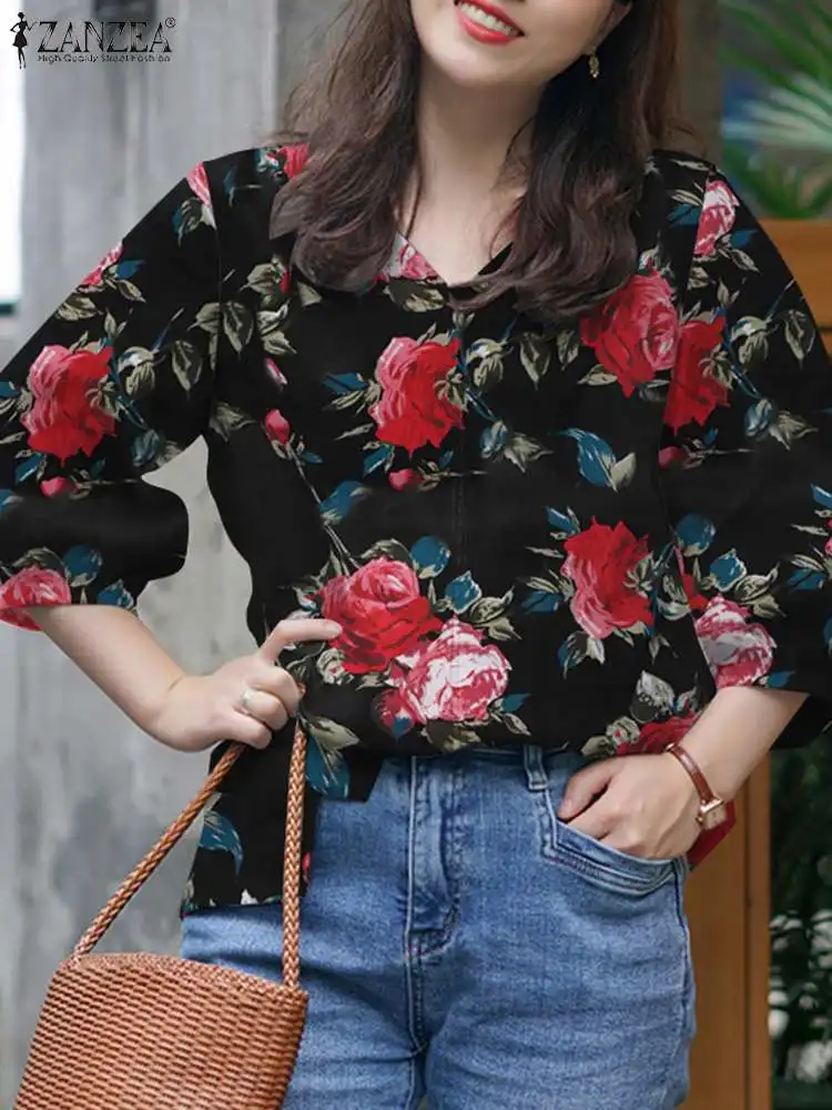ZANZEA Elegant 3/4 Puff Sleeve Women Blouses Korean Fashion Floral Printed V Neck Daily Blusas Mujer Autumn 2024 High-Low Tops