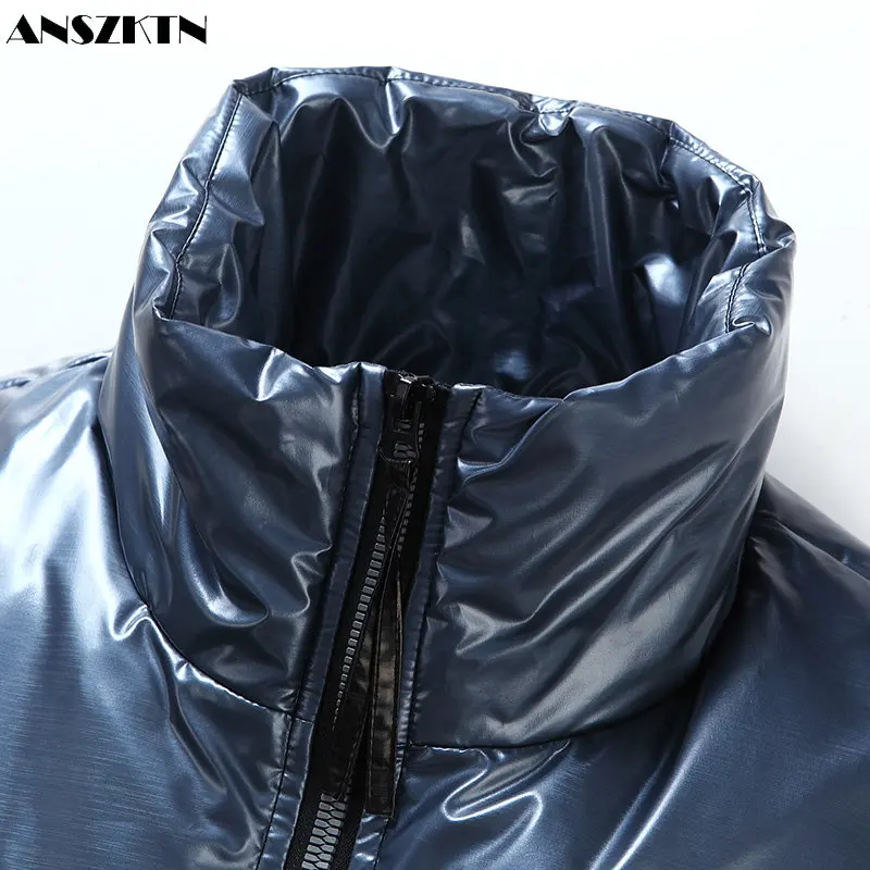 ANSZKTN Men new thickened gradient color warm winter trend shiny surface hooded down coat men\'s PU down jacket