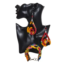1 Pair Dangle Earrings and Bracelet Sets African Cotton Fabric Big Drop Earrings for Women Party Ankara Print Jewelry Set WYB721