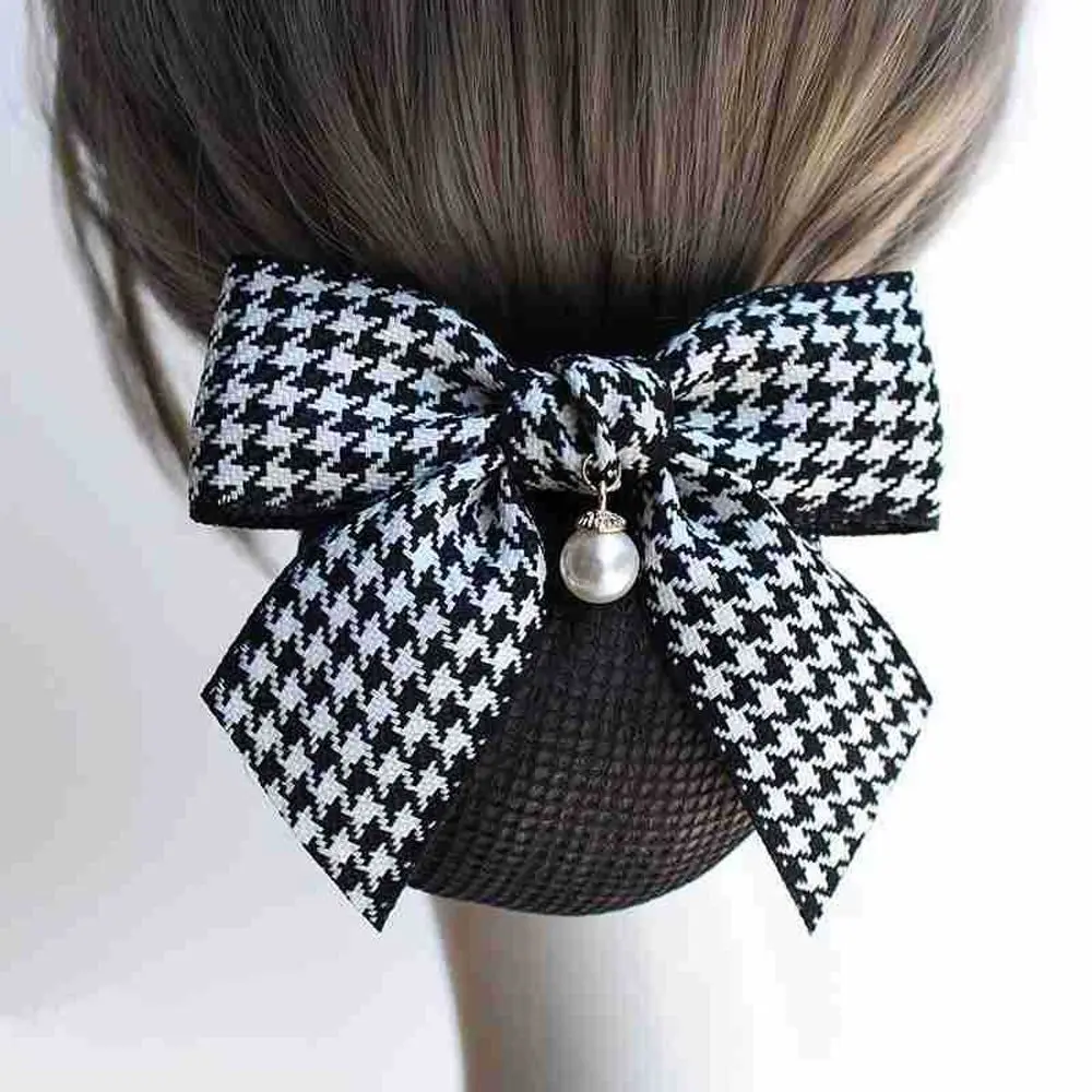 Ribbon Houndstooth Hairgrips Crochet Bun Net Snood Pearl Pendant Spring Clips Retro Hair Net Hair Bun Office Lady Bow Tie