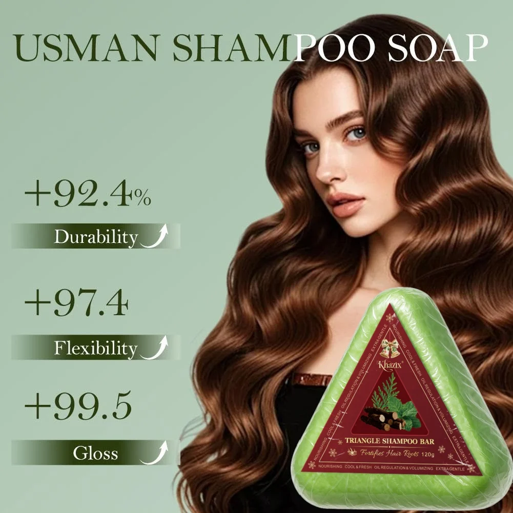قالب شامبو صابون المثلث الأخضر مع عشب عثماني - قالب شامبو صلب من أوراق السرو الطبيعية للعناية بالشعر العشبي الطبيعي والراحة.