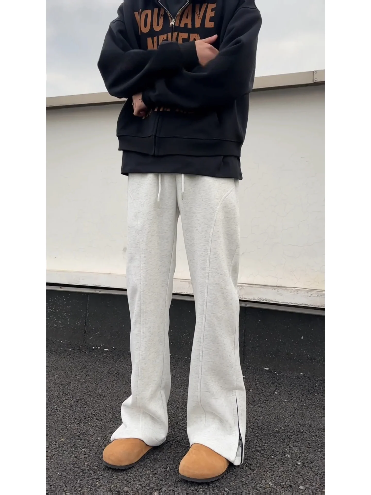 

American Sle Diagonal Zipper Fce Lined Men's Sweatpants Autumn Winter Cleanfit Trendy Brand Heavyweight Casual Sports Pants