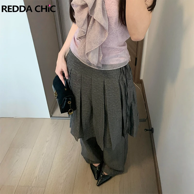 ReddaChic Fake Two-piece Women Casual Pants Summer Lyocell Breathable Skirt Stitch Wide Leg Pants Trendy Alternative Clothes