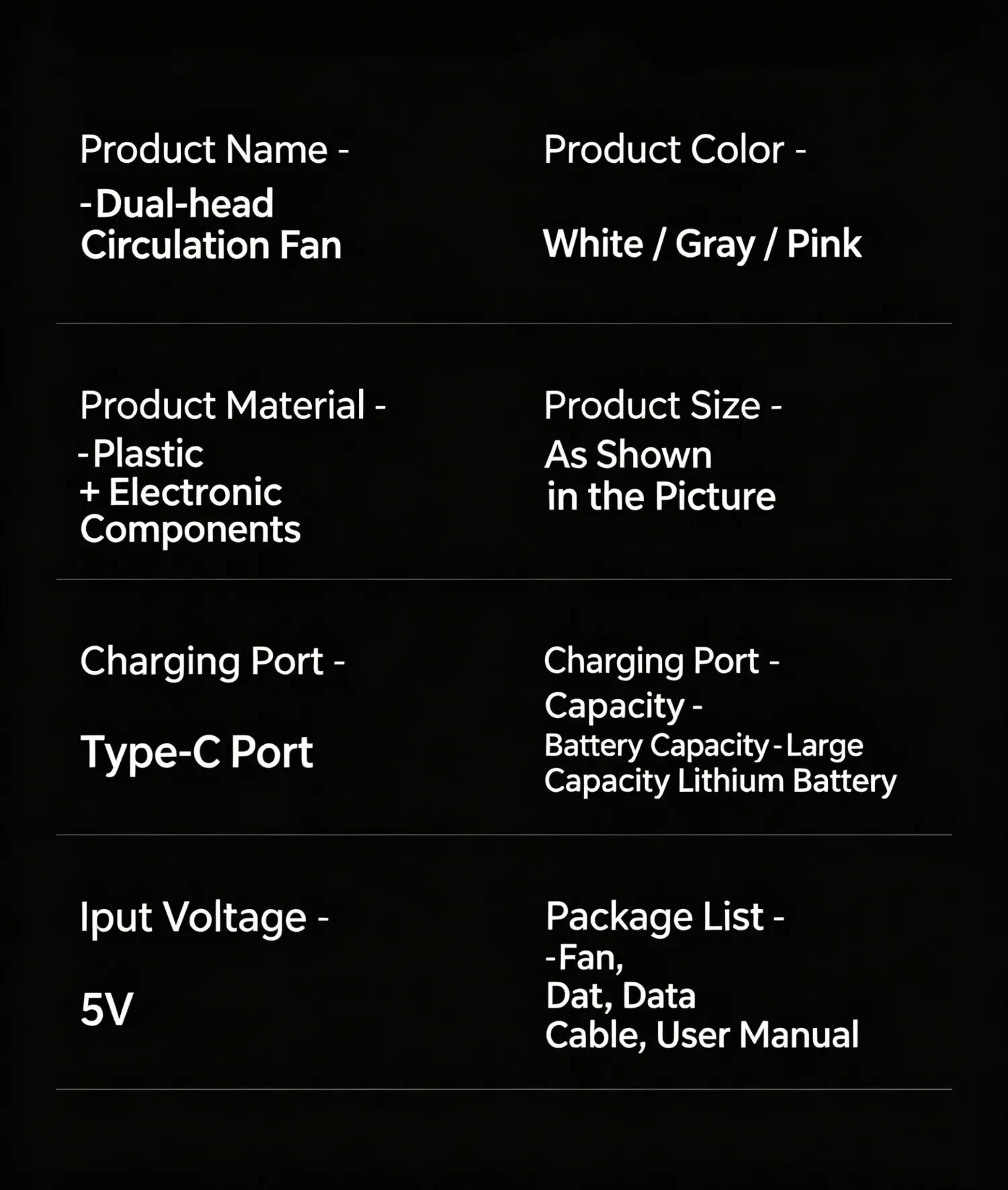 Dual-Head-Schreibtischventilator mit unabhängiger Steuerung, USB wiederaufladbar, 3 Geschwindigkeitsstufen, 360° verstellbar ° Geräuscharmer Twin-Turbo-Lüfter für Büro und Zuhause – Detail 20