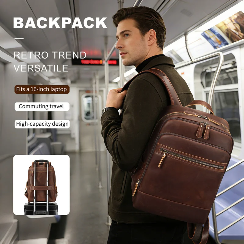 

Cross-border Crazy Horse Leather Men's Waterproof Travel Backpack16inch computer backpackbackpack men