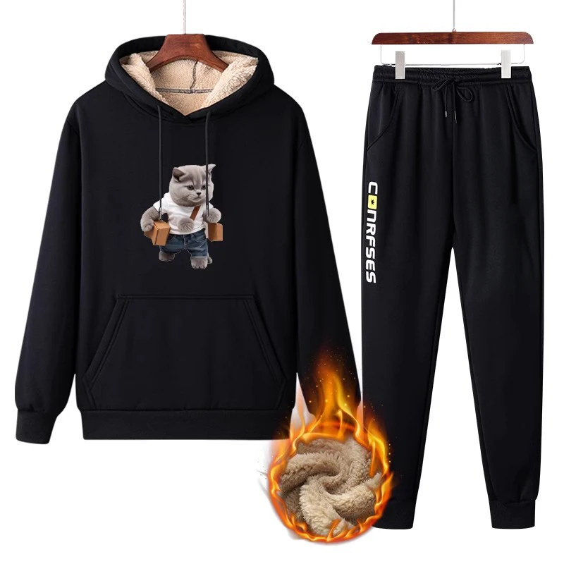 

Lamb Velvet Thiened Winter Sportswear Set Men's Casual Loose Sweatirt Pants Two-Piece Suit Polyester Long Sve Long Pants