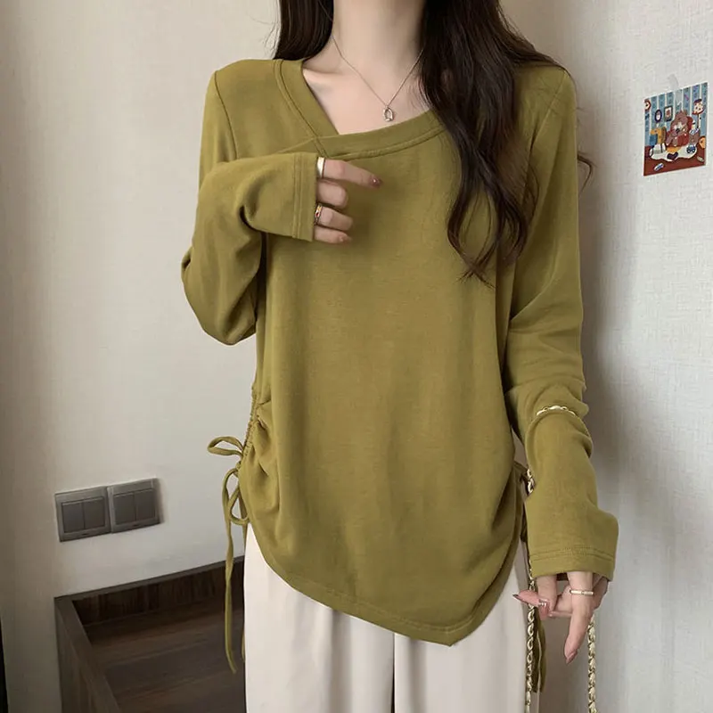 Stylish Skew Collar Loose Pullovers Women's Clothing Shirring Drawstring Spring Autumn Solid Color Casual Long Sleeve T-shirt