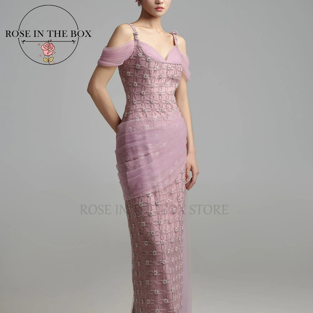 

ROSEINTHEBOX Customized Sheath Cold Shoulder Evening Dress with Slit Flower Beaded Stones Maxi Dress Elegant Party Dresses