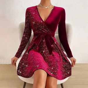 Sexy Women's Dress With V Sine Glitter Lanthejoula Mini belt, party dresses, monochrome, elegant velvet, long sleeve, hot sale, fashion 8 Main Sales Dresses Promotion - №7