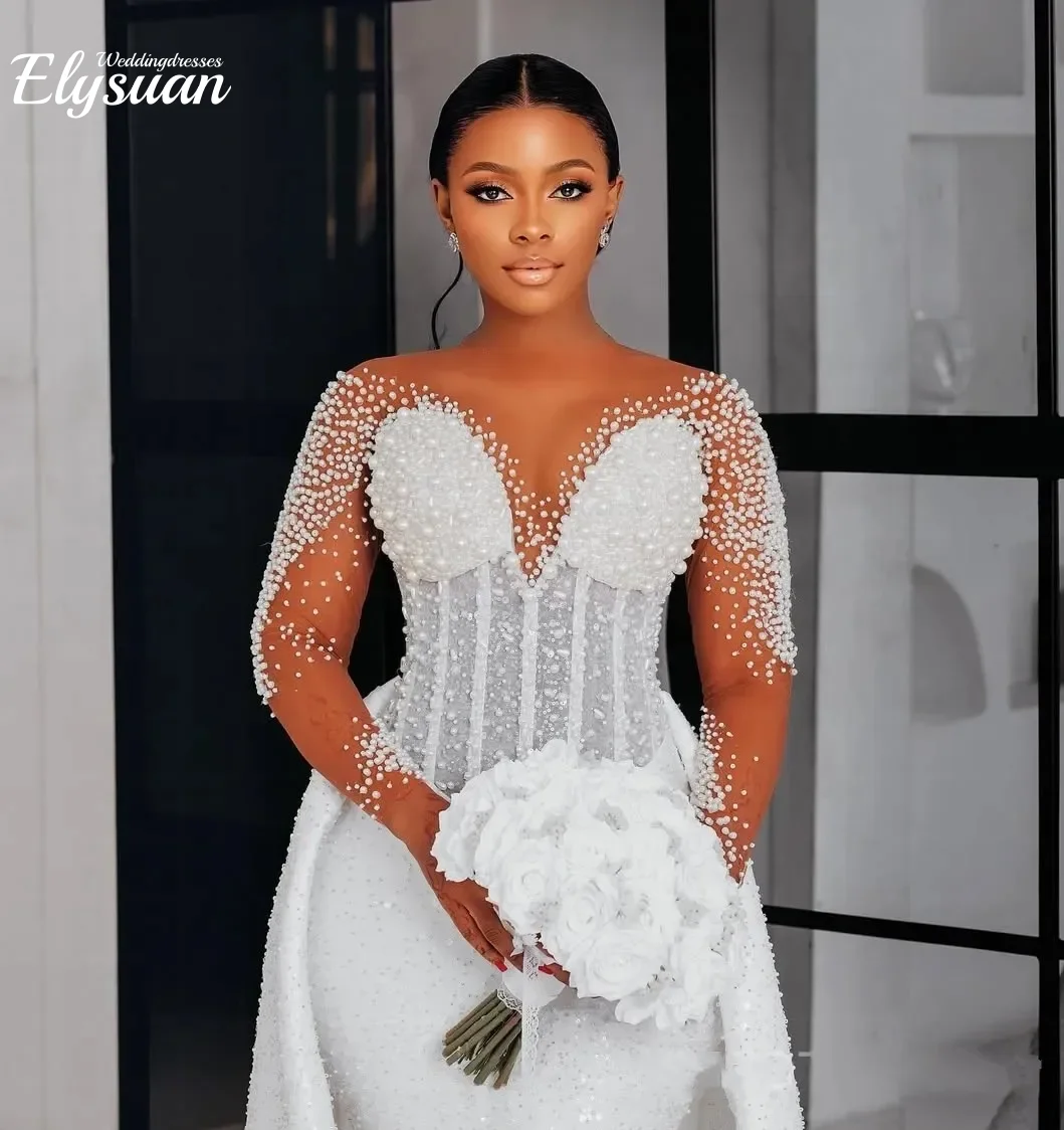 カスタマイズされたマーメイドウェディングドレス花嫁のためのブライダルガウン取り外し可能なトレインイリュージョンビーズレースクリスタル Vestidos De Noiva