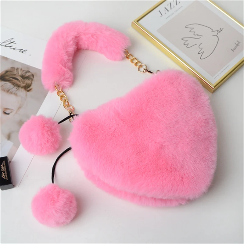 Luxury Faux Fur Heart-shaped Women Small Handbags Fluffy Plush Ladies Chain Shoulder Bag Fashion Female Furry Daily Clutch Purse