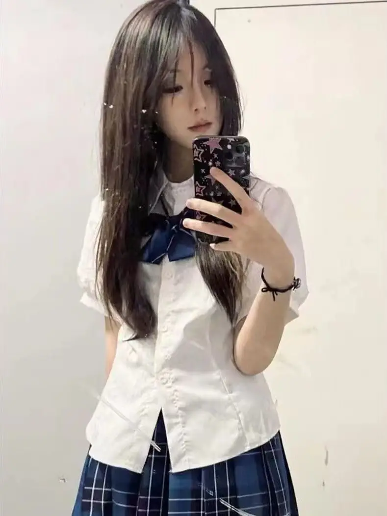Women's School Uniform Set Sweet Spicy Shirt Short Sleeve Bubble Sleeve Waist Cinched Pure Desire Blouse Pleated Skirt
