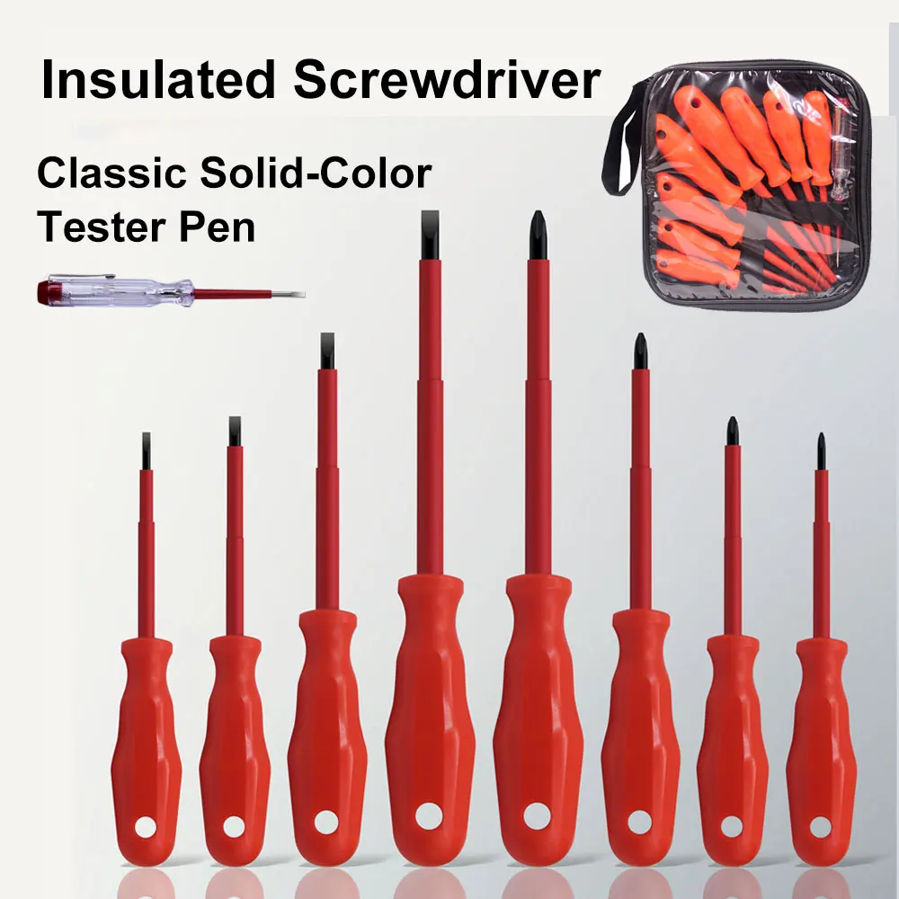 9pcs Insulated Screwdriver Set Classic Solid Red Phillips Flathead 100mm 125mm with Voltage Test Pen Zipper Bag for Electricians
