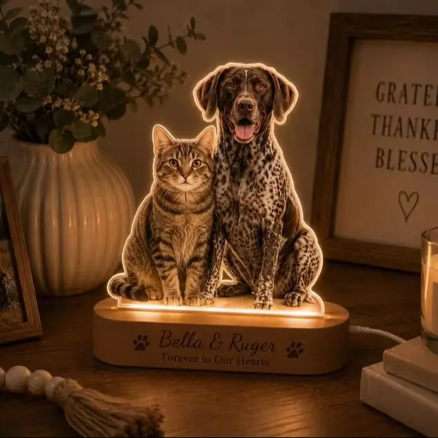 Custom Pet Photo Memorial Gift Acrylic Cut‑out Lamp Personalized Dog Portrait LED Night Light With Wooden Base Pet Loss Sympathy