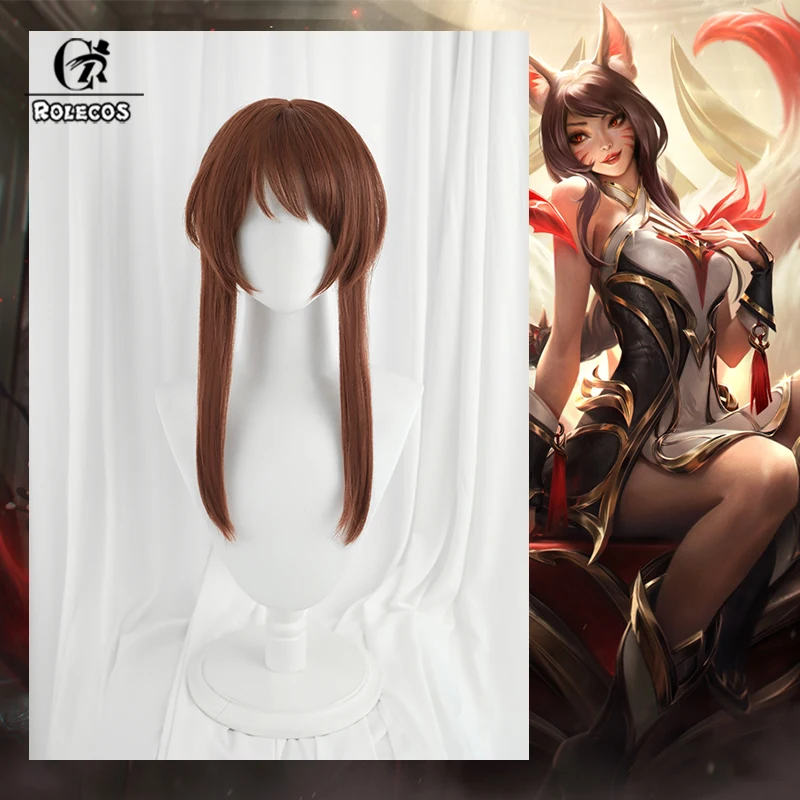 ROLECOS LOL Risen Legend Ahri Cosplay Wig 65cm Brown Color with Braid Wigs Women Heat Resistant Synthetic Hair