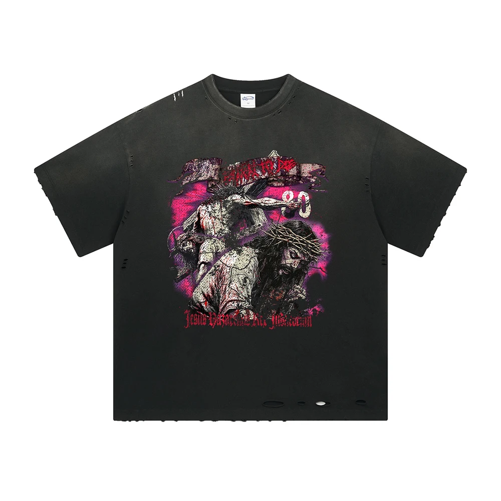 Ripped Goth Print Graphic T Shirts Retro Wash Oversized T-shirt Men's Clothing Y2k Summer 2025 New Short Sleeve Cotton Tops Tee