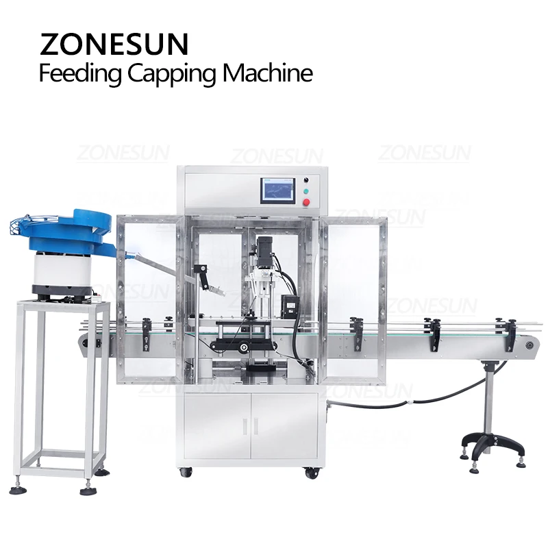 ZONESUN ZS-XG440DV Automatic Capping Machine Bottle Jar Screw Tops Feeder Unscrambler Dust Cover Mass Production Line Factory