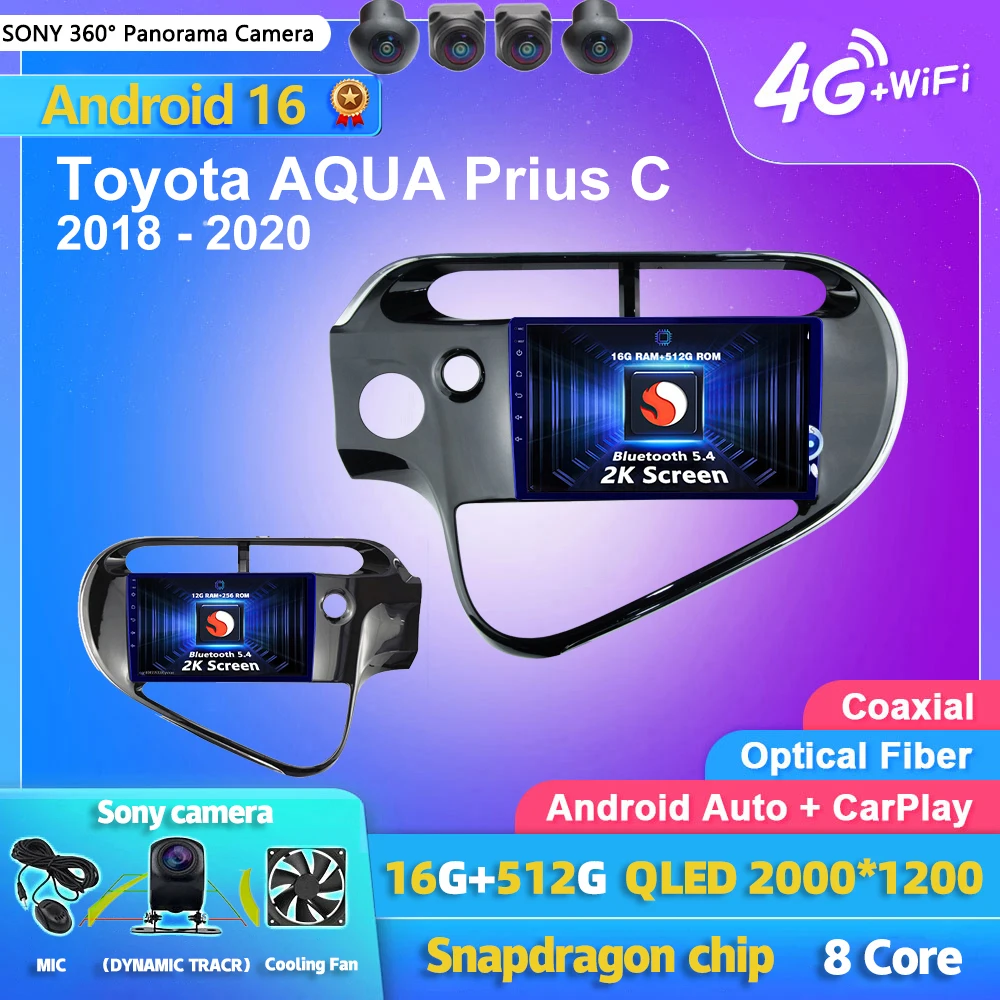 Android 16 Carplay Auto Car Radio Multimedia Player For Toyota AQUA Prius C 2018 2019 2020 Autoradio GPS Stereo 2din Head Unit