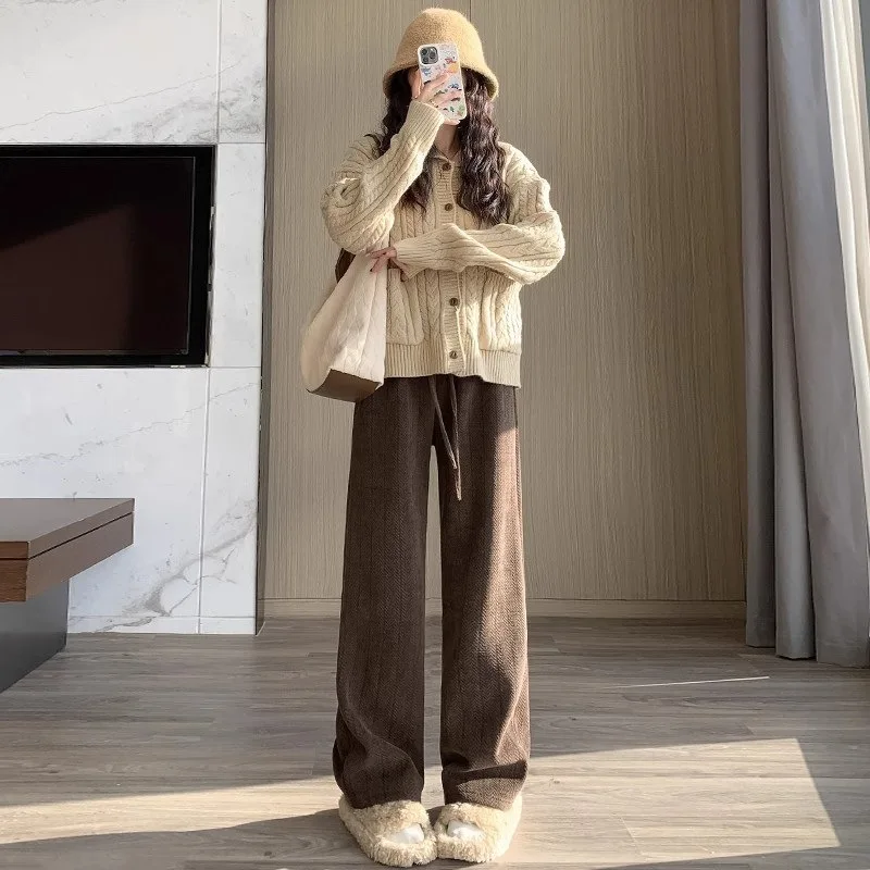 ارتفاع الخصر بنطال ذو قصة أرجل واسعة المرأة الخريف الشتاء فضفاض عادية طول الأرض بنطلون صوف مبطن الكاكي السراويل مزيج البوليستر #5