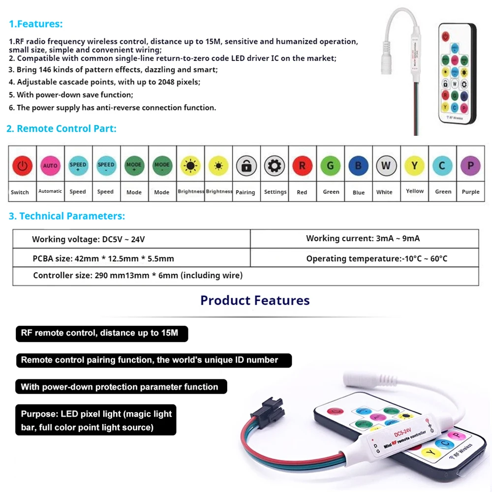 SP103E SP104E LED Controller DC 5V 12V 24V 14Key RF Wireless Remote Dimmer for WS2811 WS2812B Addressable RGB Pixels Strip Light