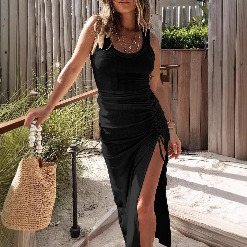 Summer Woman Dress Sleeveless Black Dresses Women's Maxi Dress Ribbed Knit Side Slit Mint Green U Neck White Long Solid Color