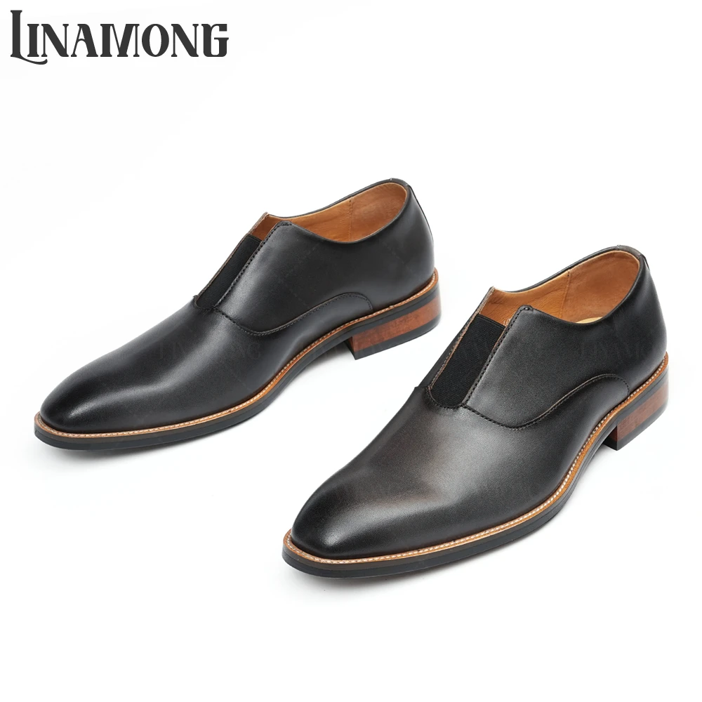 اللوز تو مصقول أحذية جلدية بدون كعب جلد طبيعي النمط البريطاني الأعمال فستان أحذية أنيقة الانزلاق على مأدبة أحذية جلدية للرجال #3