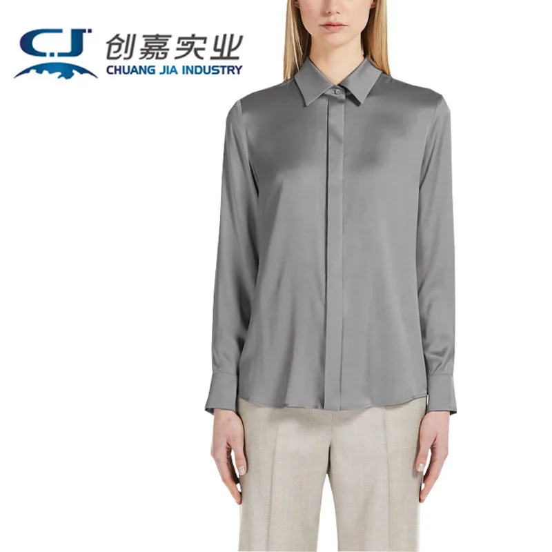Luxury Natural Silk Women's Spring and Summer Long Sleeve Shirt 100% Solid Color Silk Satin Khaki Comfortable Top Classic Wear