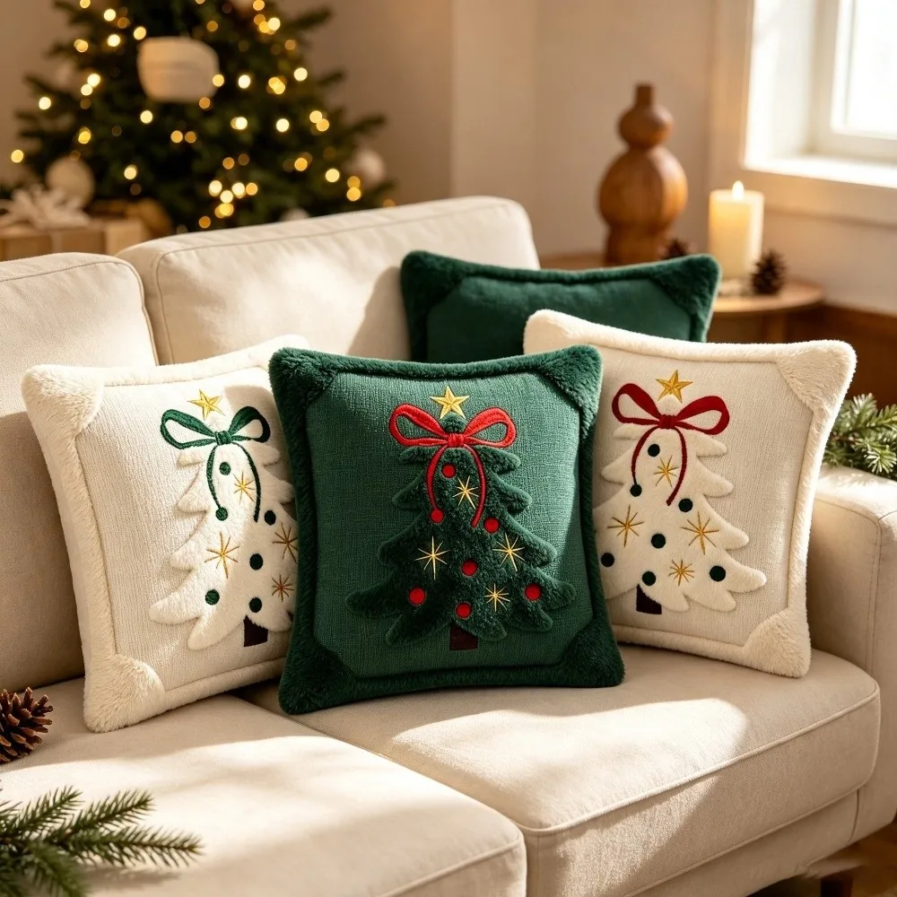 Fabric Christmas Pillowcase Soft Texture Embroidered Bow & Star Christmas Throw Pillow Cover Insert Not Included