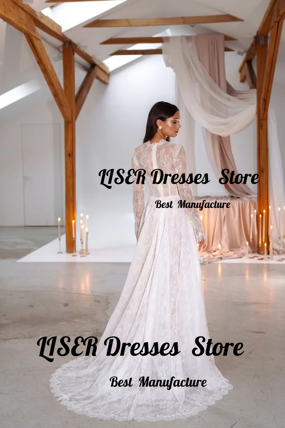 Liser Luxury Wedding Dresses V-Neck Full Sleeves Floor Length Ivory Lace A-Line Robe De Mariée Customized Bridal Gown 2026