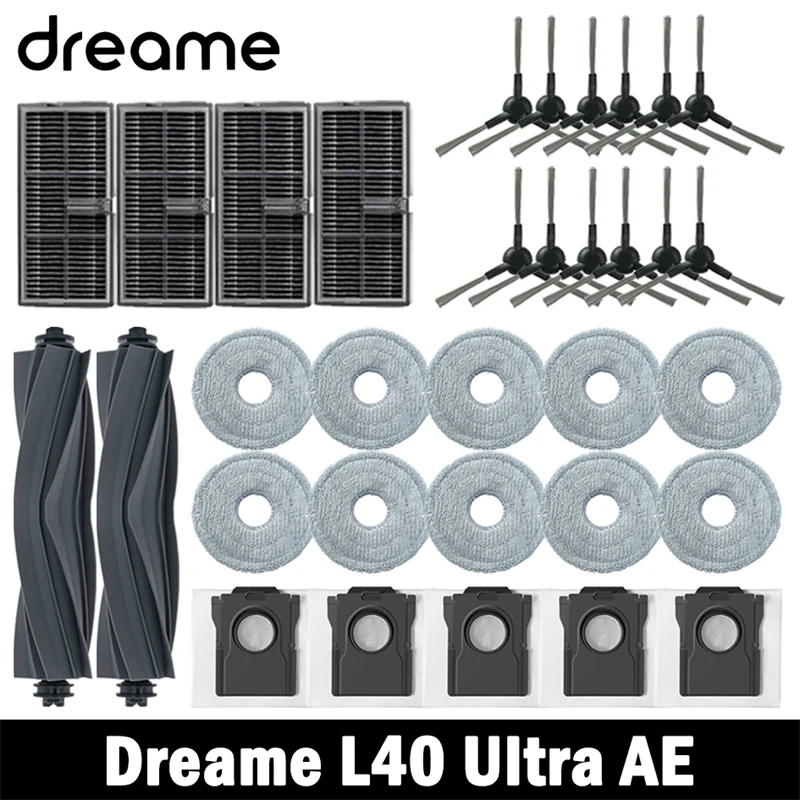 Accessoires de remplacement pour aspirateur Dreame L40 Ultra AE : brosse principale, brosse latérale, filtre HEPA, chiffons de nettoyage, sac à poussière, pièces détachées
