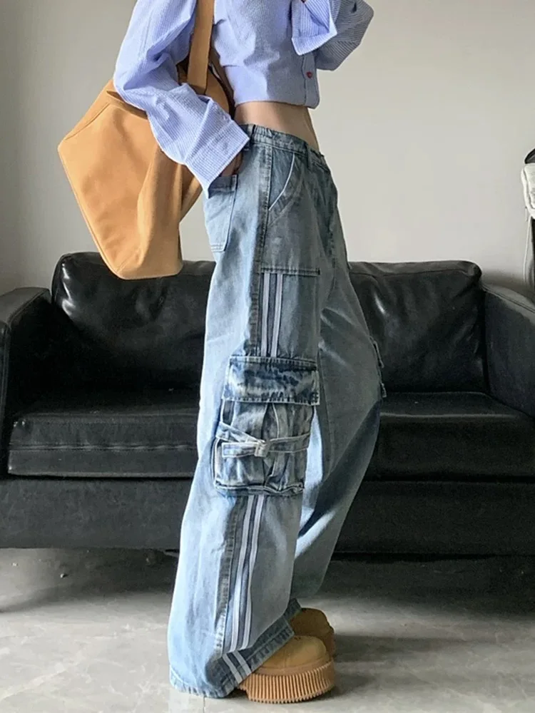 ADAgirl Stripe Blue Cargo Jeans donna Y2k Harajuku pantaloni larghi Vintage coreani a vita alta in Denim pantaloni Hip Hop causali femminili