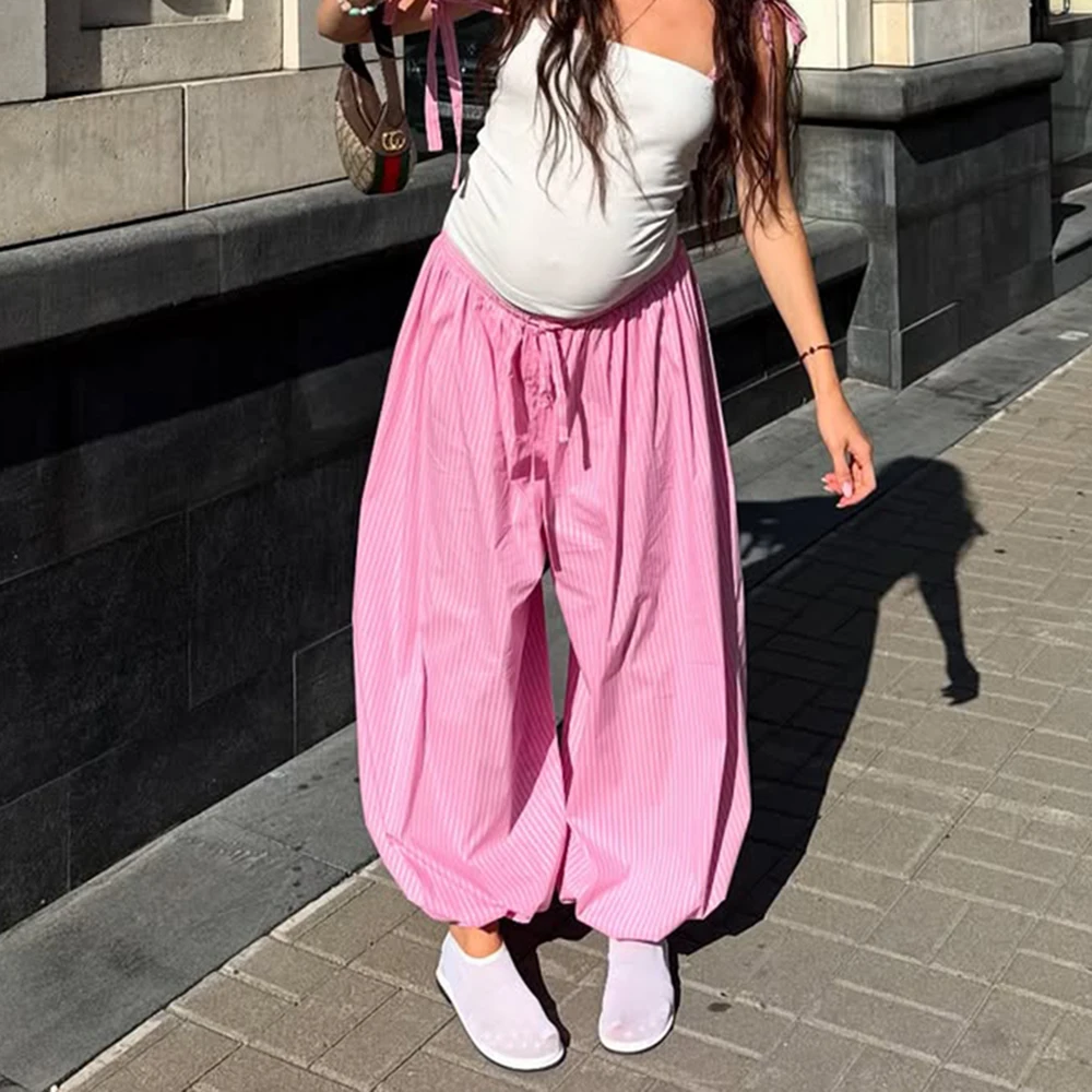 

Talenza Striped Wide-Leg Pants Women's Lace Up Button High Waist Elastic Trousers 2025 Summer Female Fashion Loose Casual Pants