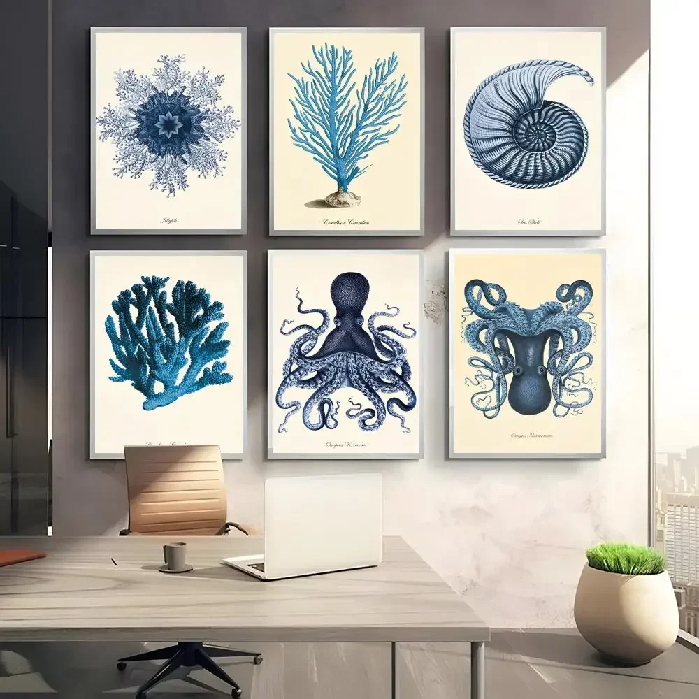 Frameless Canvas Painting 1pc Frameless Blue Sea Creature Coral Shrimp Poster Poster Sticky Coffee House Bar Room Wall Decor Gif