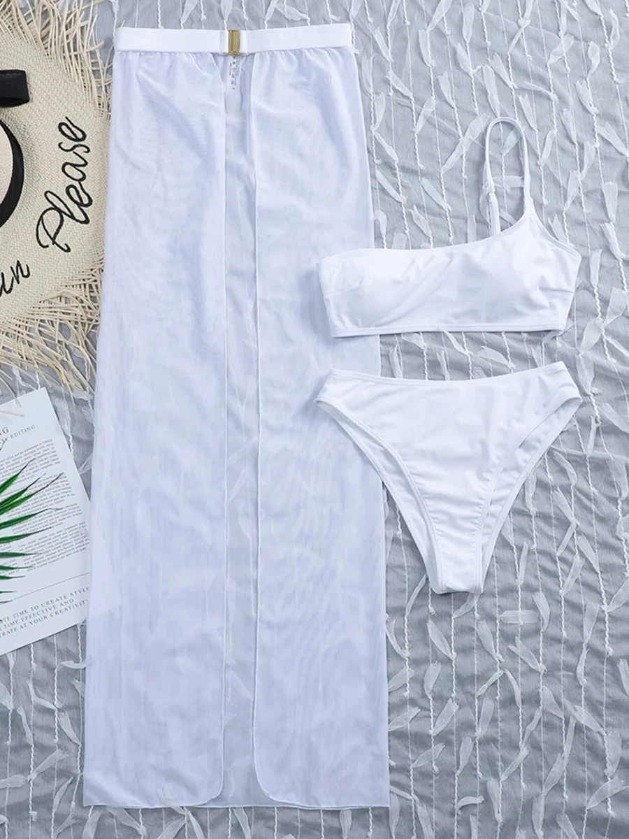 3 Pieces One Shoulder Bikini 2025 Women & Beach Skirt Swimwear Female Sexy Swimsuit Solid Beachwear Bathing Swimming Swim Suit