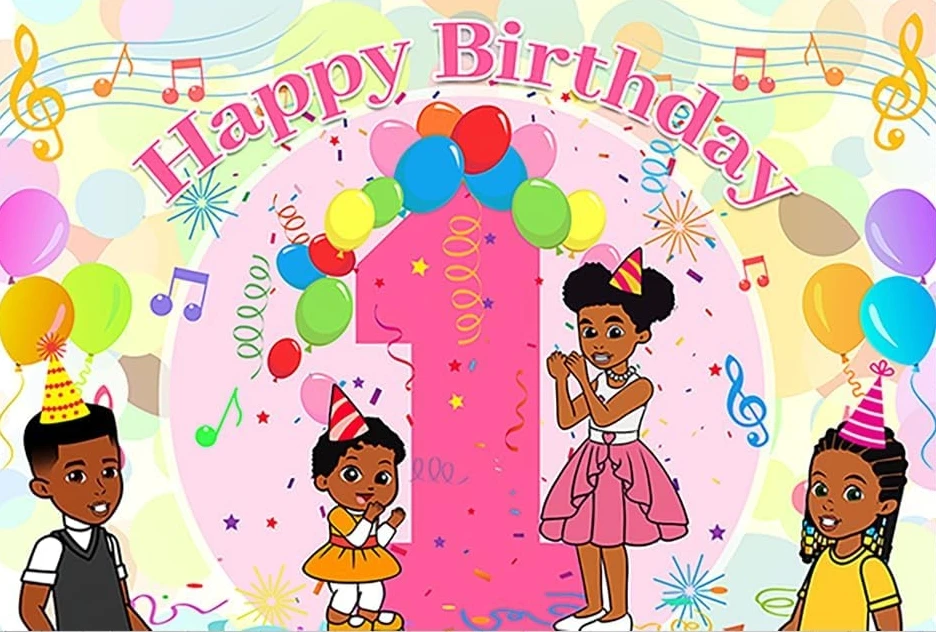 

1st Baby Shower Kids Music Balloon African American girl boy backdrops birthday Photography Studio Backgrounds