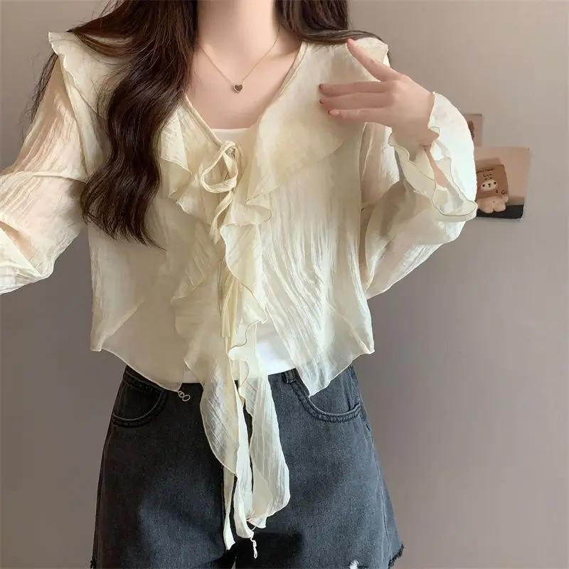 French High-end V-neck Ruffle Design Versatile Reducing Age Long Sleeved Tie Sexy Summer Sun Protection Top