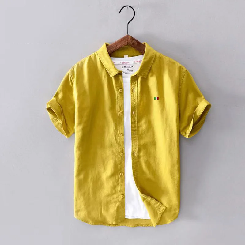 

Mens Casual Shirt 100% Linen Shirt Men's Casual top High Quality Loose And Comfortable Short Sleeve Beach Hawaiian Polo Shirt