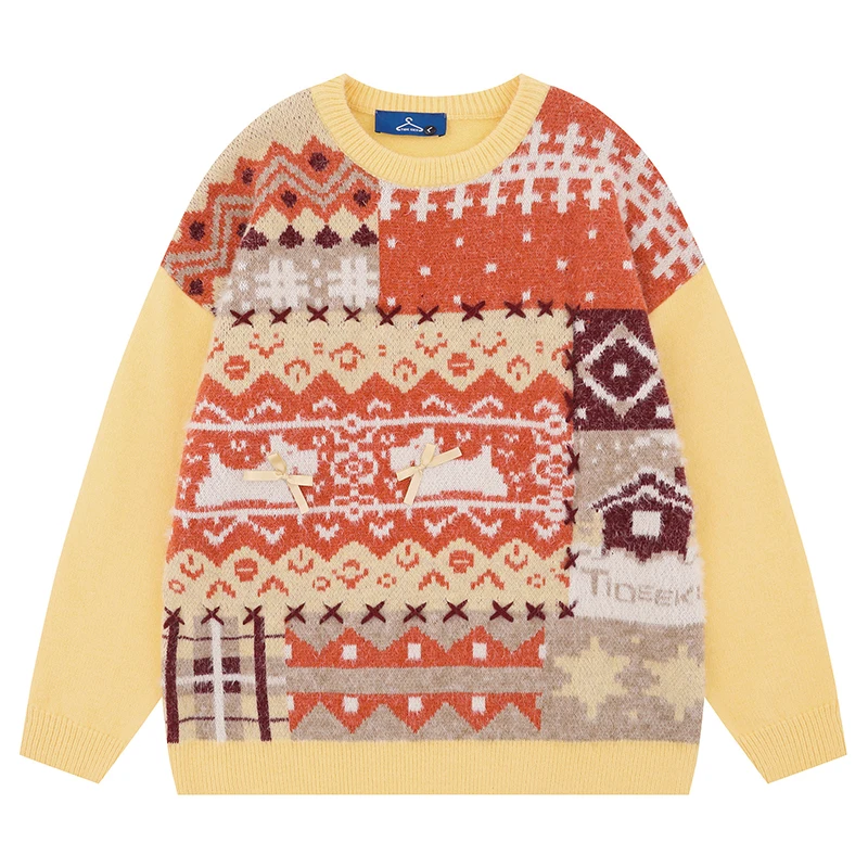 

Autumn Mens Knitted Jumper Sweaters Vintage Color Block Warm Pullovers 2025 Streetwear Harajuku Casual Loose Knitwear Clothing