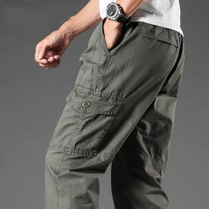 

Men's Casual Sports Pants Cotton Workwear Straight Leg Outdoor Large Size Elastic Waist Long Trousers Spring Summer