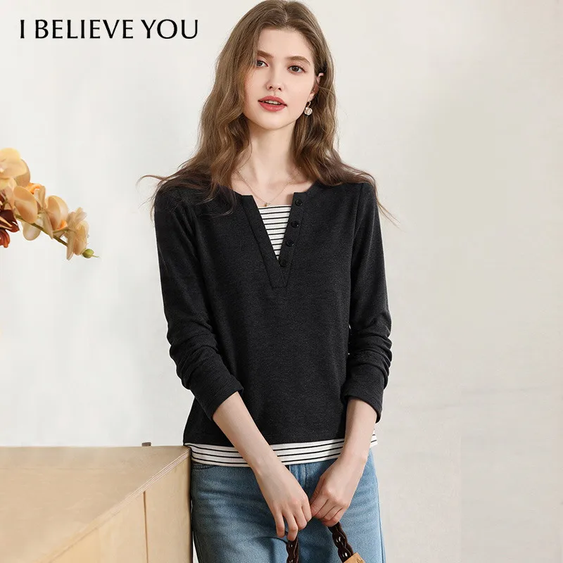 I BELIEVE YOU Women's Blouse Fake Two-piece V Neck Stretch Long Sleeve Tops 2026 Fall Winter New Basic Daily Clothes 2263016475