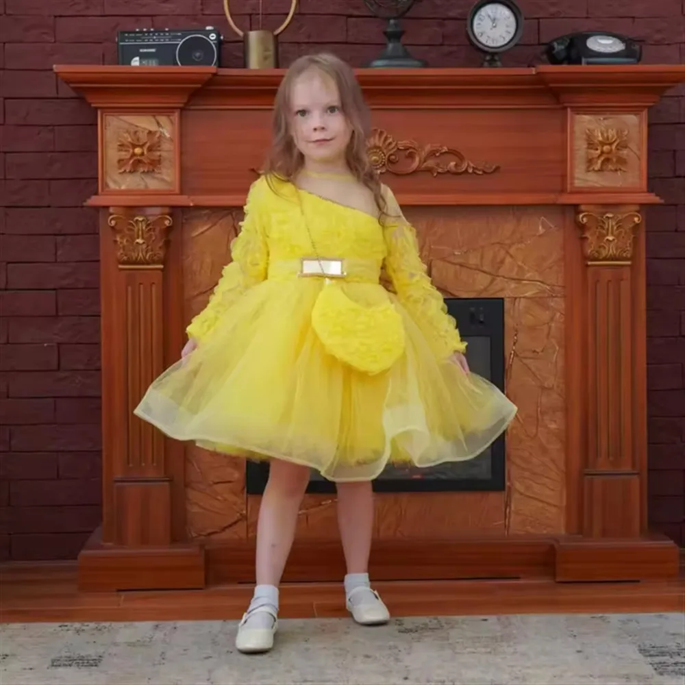 

Lovely Baby Yellow Flower Girl Dress For Wedding One Shoulder with Bow Belt Girl Birthday Party First Holy Communion Customized