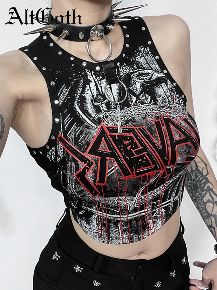 

AltGoth Cyber Punk Y2k Gothic Vest Women Streetwear Harajuku Hip Hop Grunge Printed Rivets Crop Tank Tops Emo Alt Hipster Outfit