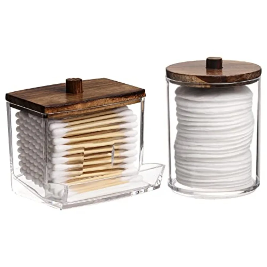 

Qtips Holder Bathroom Container with Brown Wood Lids, 10/7 OZ Cotton Ball/Swabs Dispenser, Apothecary Organizer Jar for Storage